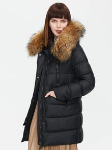 ZIAI Drawstring Waist Zip Up Fuzzy Hooded Padded Coat - Black - View 4