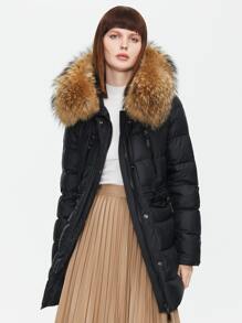 ZIAI Drawstring Waist Zip Up Fuzzy Hooded Padded Coat - Black - View 5