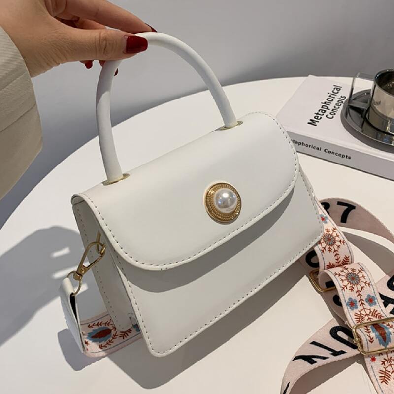 

Faux Pearl Decor Flap Satchel Bag, White