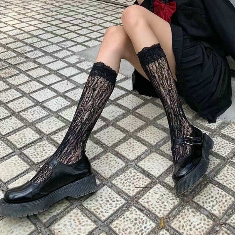 

Flower Graphic Over The Calf Socks, Black