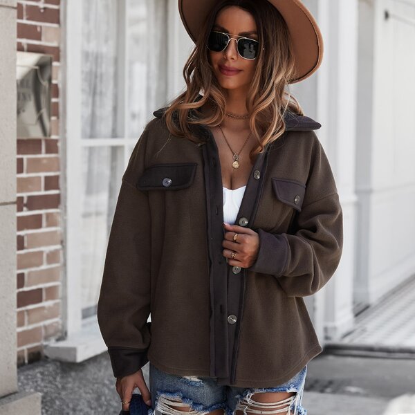 

Flap Detail Drop Shoulder Teddy Coat, Chocolate brown