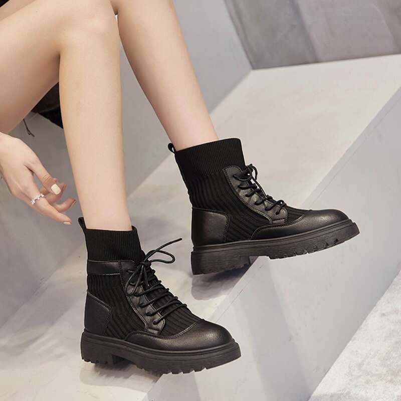 

Panel Design Lace-up Front Sock Boots, Black