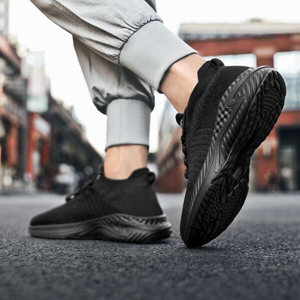 

Men Knit Detail Lace-Up Front Sneakers, Black