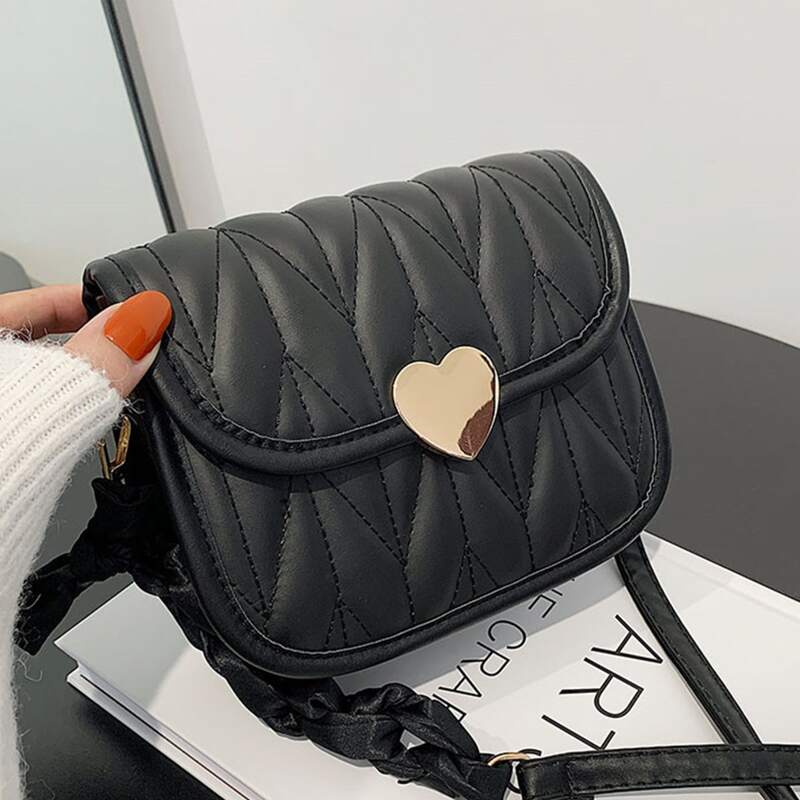 

Solid Quilted Flap Shoulder Bag, Black