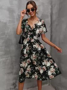 滿版印花腰部打褶A字連衣裙 - 彩色 - 查看 1