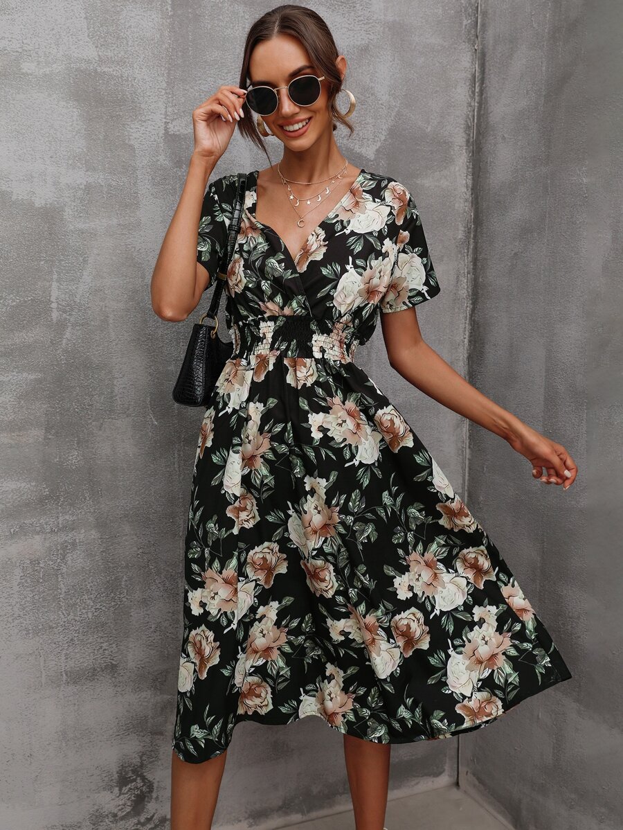 滿版印花腰部打褶A字連衣裙 - 彩色 - 查看 1