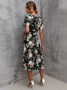 滿版印花腰部打褶A字連衣裙 - 彩色 - 查看 2