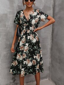 滿版印花腰部打褶A字連衣裙 - 彩色 - 查看 4