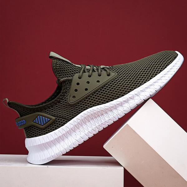 

Men Letter Detail Mesh Panel Lace-Up Front Sneakers, Army green