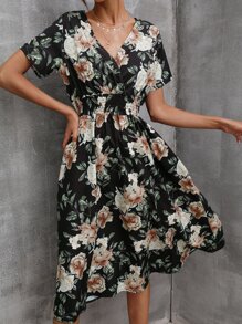 滿版印花腰部打褶A字連衣裙 - 彩色 - 查看 6