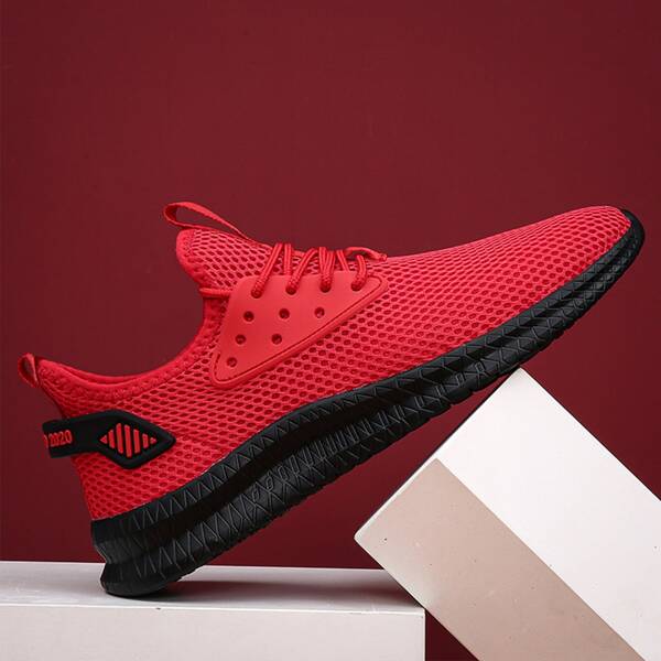 

Men Letter Detail Mesh Panel Lace-Up Front Sneakers, Red