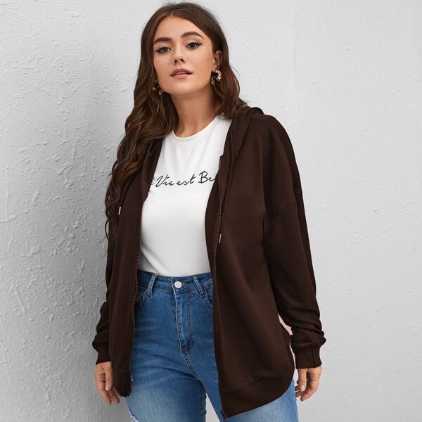 

Plus Solid Zip Up Hooded Sweatshirt, Chocolate brown