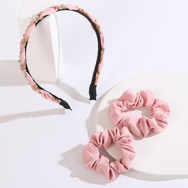 

Rhinestone Decor Headband & 2pcs Scrunchie, Multicolor