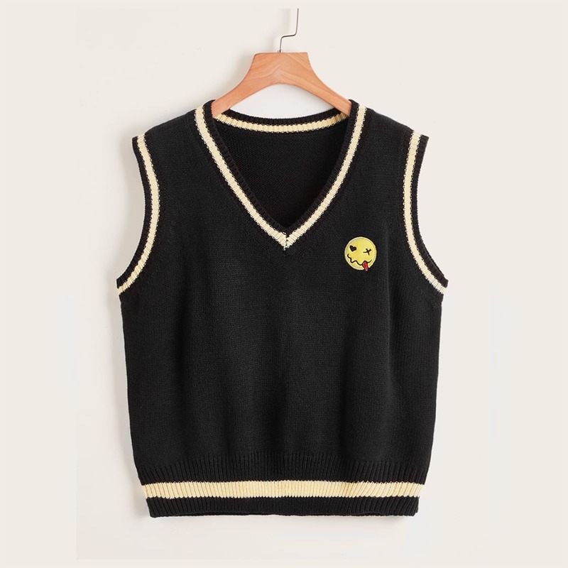 

Cartoon Graphic Contrast Binding Sweater Vest, Black
