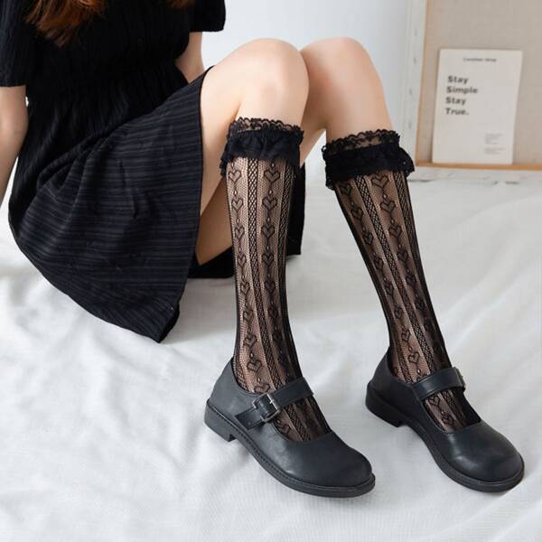 

Lace Trim Over The Calf Fishnet Socks, Black