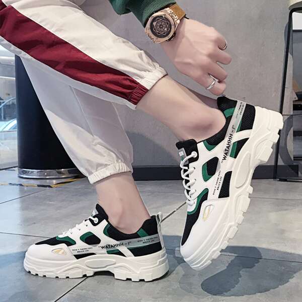 

Men Mesh Panel Letter Patch Lace-Up Front Sneakers, Multicolor