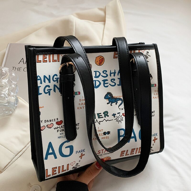 

Cartoon Graphic Tote Bag, Black