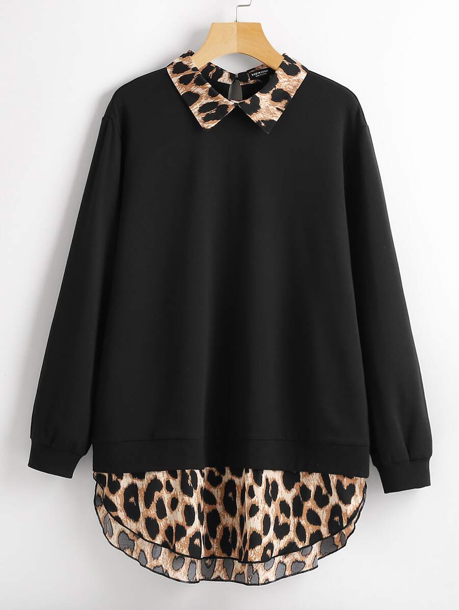 SHEIN LUNE Plus Contrast Cheetah Sweatshirt Graduation,Back To School Outfits,Graduation,Teacher Outfits For Women,Back To School Winter Fall Autumn - Black - View 1