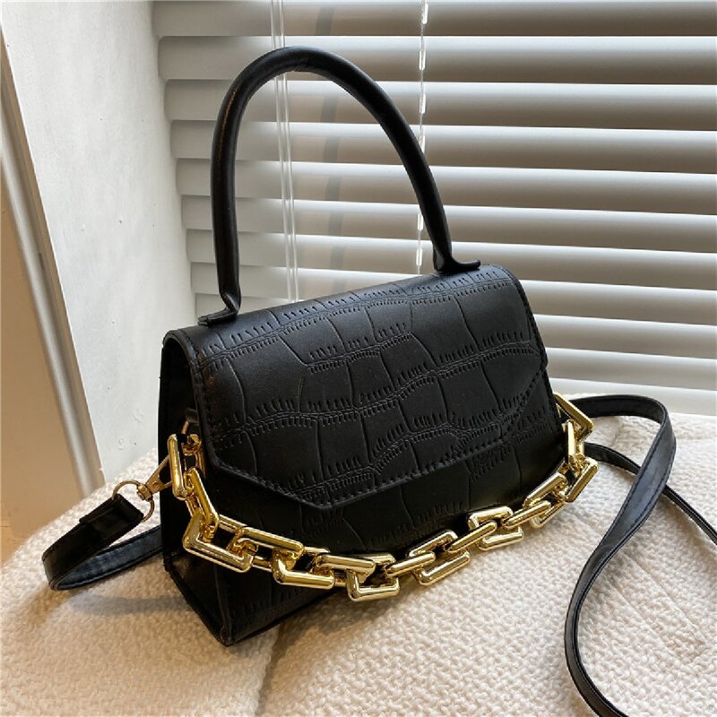 

Chain Decor Croc Embossed Flap Square Bag, Black