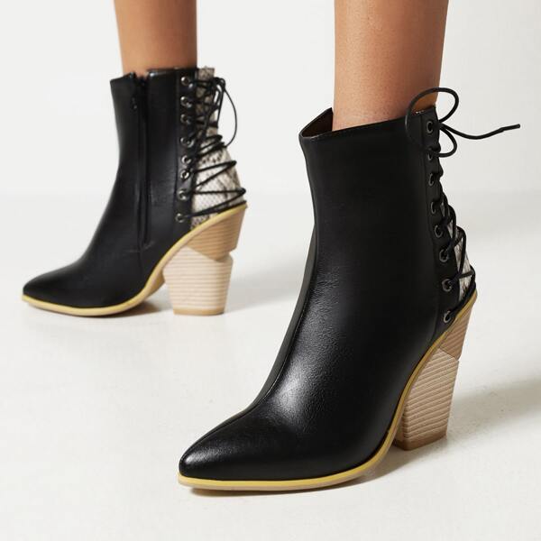 

Lace Up Design Side Zipper Chunky Western Boots, Black and white