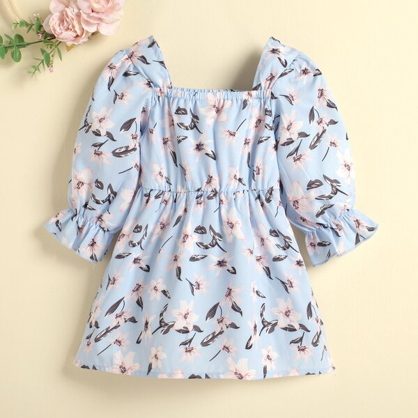 

Baby Floral Print Square Neck Flounce Sleeve Dress, Multicolor