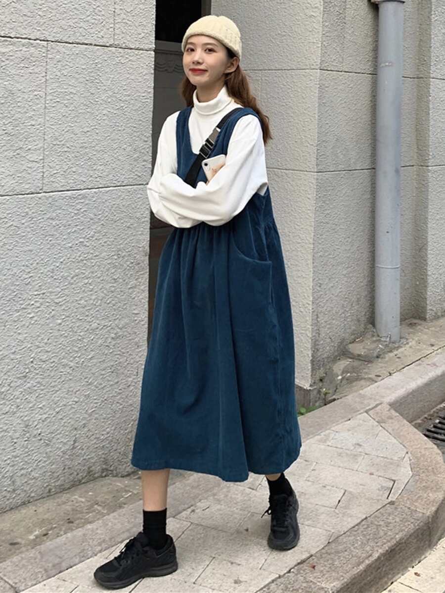 素色前口袋娃娃裙