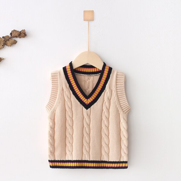 

Toddler Boys Striped Trim Cable Knit Sweater Vest, Apricot