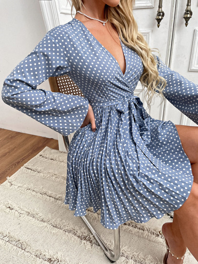 Polka Dot Trumpet Sleeve Pleated Hem Belted Dress