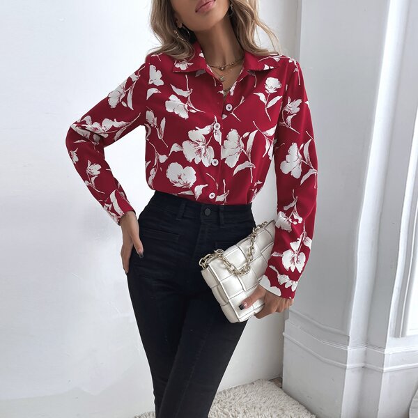 

Floral Print Button Front Blouse, Red and white