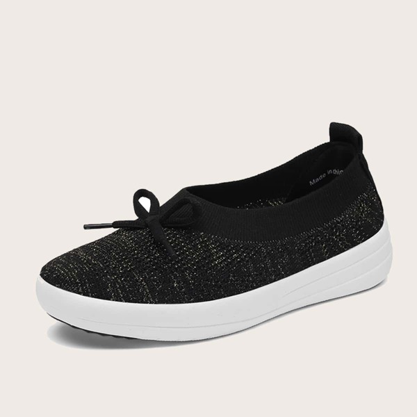 

Bow Decor Knit Detail Slip On Sneakers, Black
