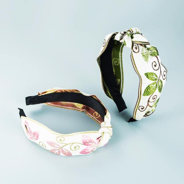 

2pcs Leaf Embroidered Hair Hoop, Multicolor
