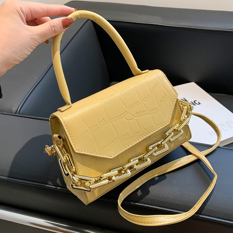 

Chain Decor Croc Embossed Flap Square Bag, Mustard yellow