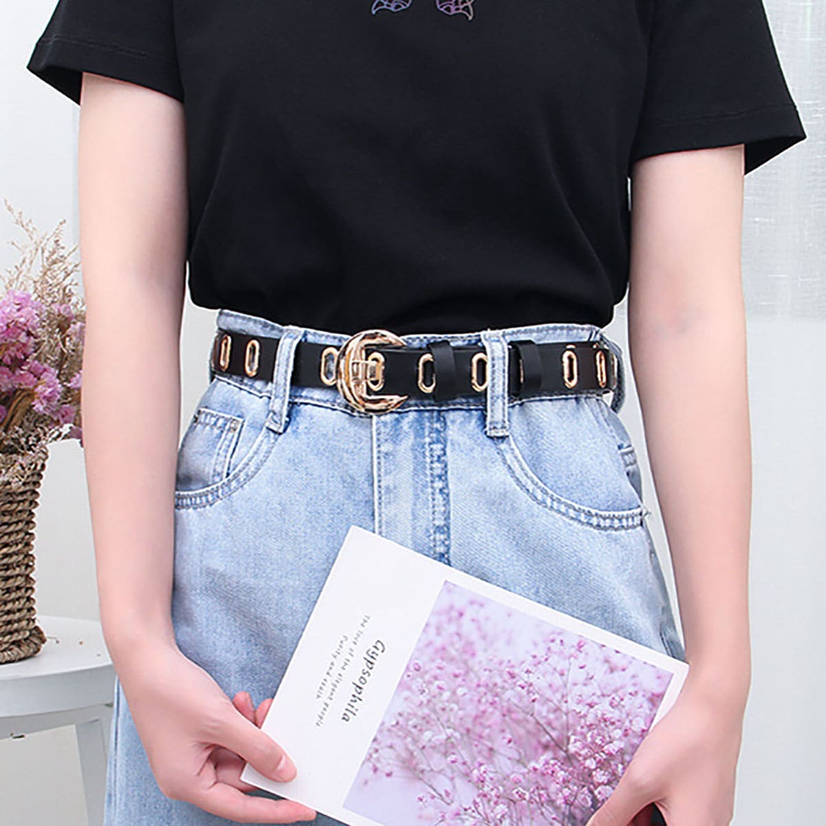 

Geo Design Buckle Belt, Black