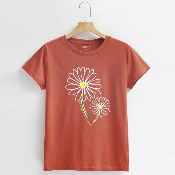 

Floral & Slogan Graphic Tee, Burnt orange