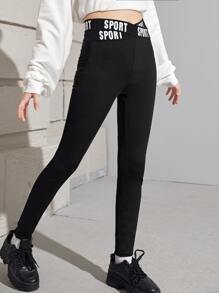 SHEIN Leap Crew Leggings Bé Gái Hội Chữ thập Ruy băng Lá thư Thể thao - màu đen - Xem 5