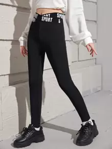 SHEIN Leap Crew Leggings Bé Gái Hội Chữ thập Ruy băng Lá thư Thể thao - màu đen - Xem 6