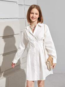 SHEIN Teen Girls Solid Collared Button Up Shirt Dress - White - View 1