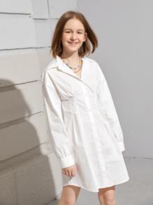 SHEIN Teen Girls Solid Collared Button Up Shirt Dress - White - View 3