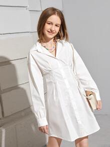 SHEIN Teen Girls Solid Collared Button Up Shirt Dress - White - View 5