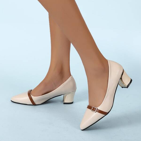 

Rhinestone & Buckle Decor Court Pumps, Beige