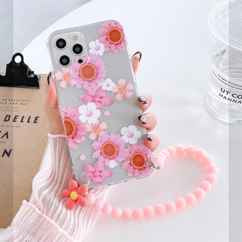 

Flower Pattern Phone Case With Beaded Hand Strap, Multicolor