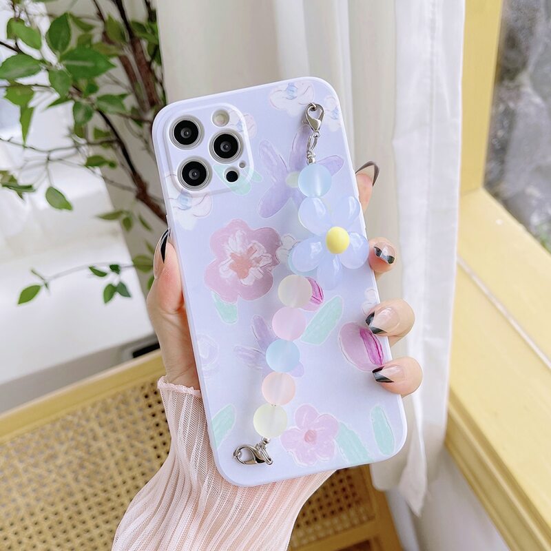 

Flower Pattern Phone Case With Beaded Hand Strap, Multicolor