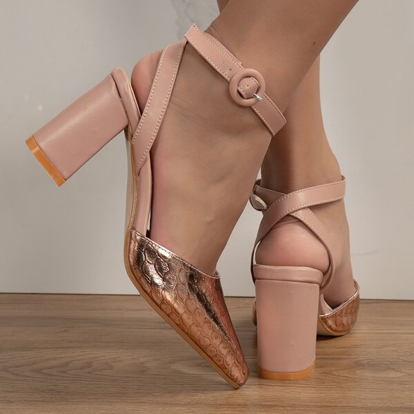 

Metallic Ankle Strap Chunky Heels, Champagne