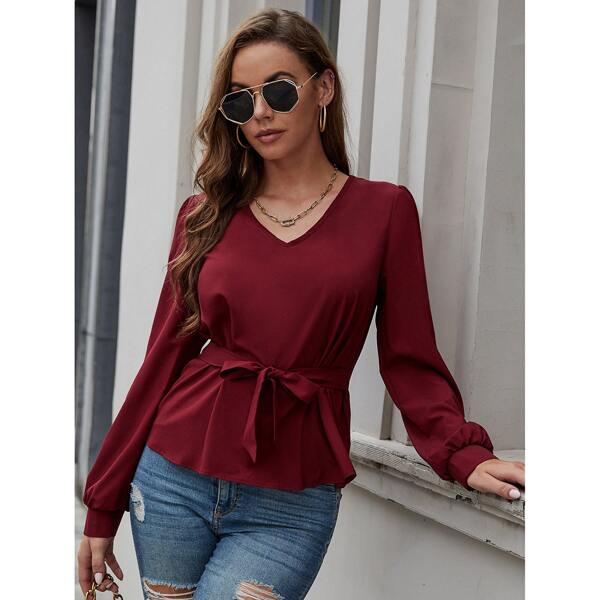 

Solid Tie Front V-neck Blouse, Burgundy