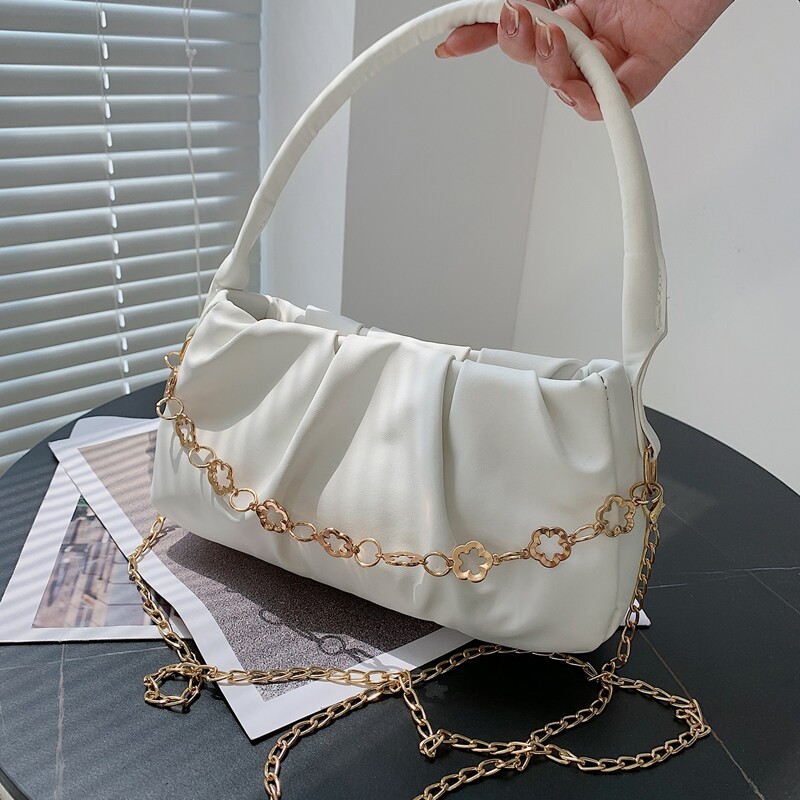 

Chain Decor Ruched Bag, White