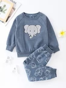 小男童卡通大象圖案保暖運動衫和運動褲