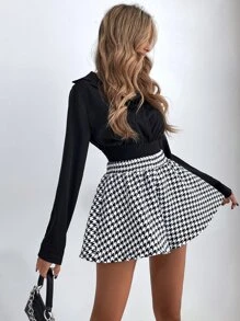 SHEIN Frenchy Houndstooth Print Wide Leg Shorts - Black and White - View 4