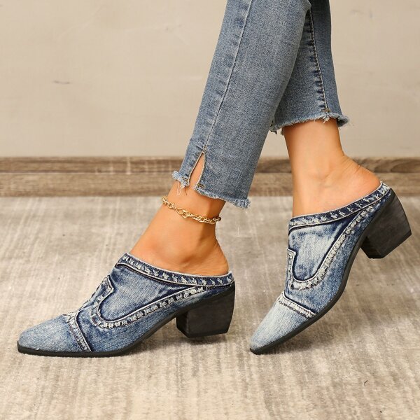 

Fray Trim Denim Chunky Heeled Mules, Baby blue