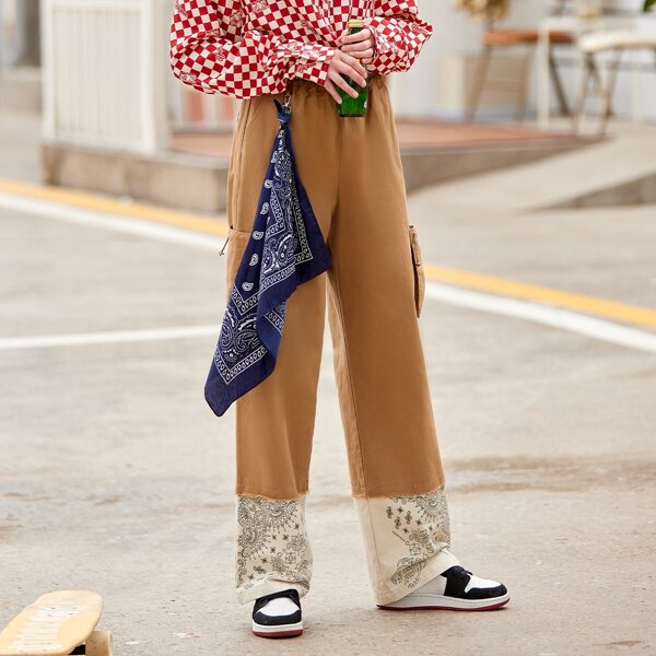 

Paisley Print Drawstring Pocket Side Pants With Scarf, Camel