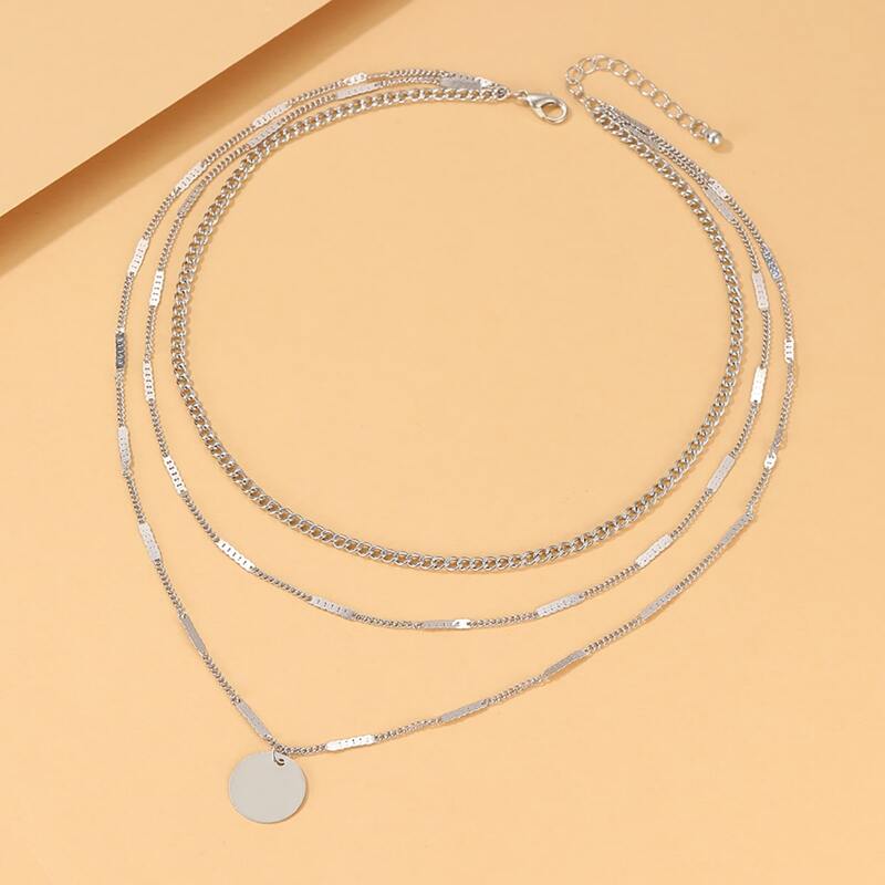 

Disc Pendant Layered Chain Necklace, Silver